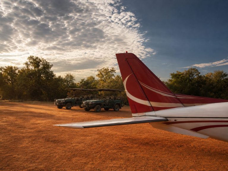 A charter plane on a bush airstrip with safari vehicles waiting, Zimbabwe
