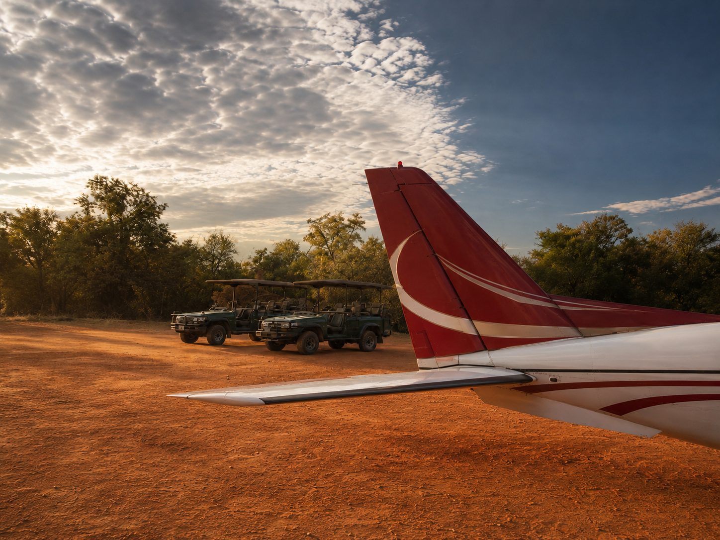 A charter plane on a bush airstrip with safari vehicles waiting, Zimbabwe