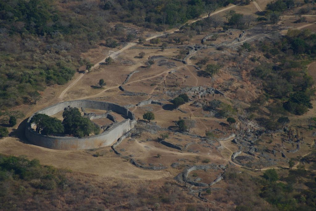 Great Zimbabwe from the air — the Great Enclosure and valley ruins