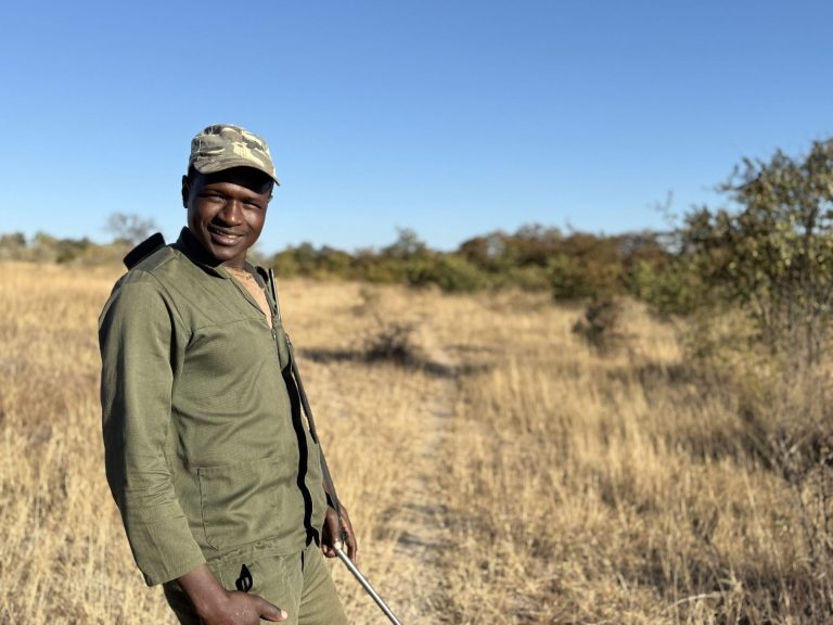 A guide standing in open woodland at Khami in daylight