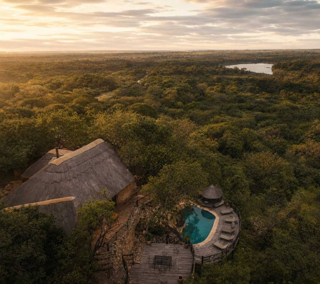 Khami Lodge at golden hour from the air