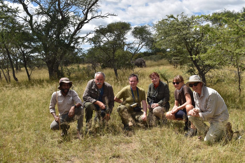 Guests and guide on foot in the Matobo Hills, white rhino grazing behind