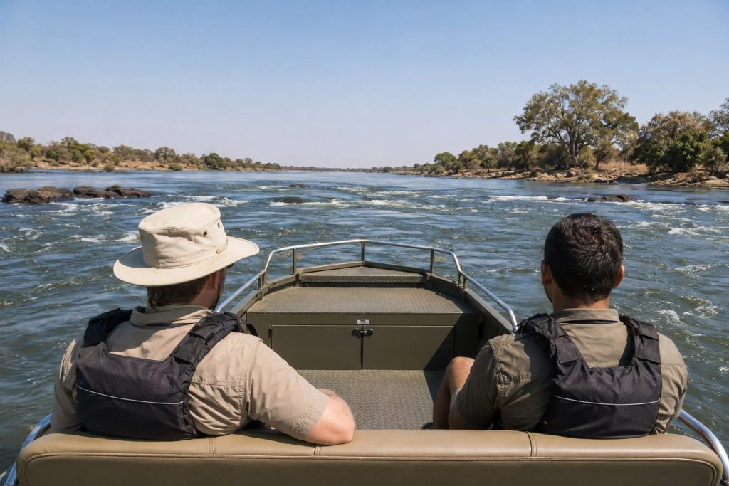 Guests aboard a small safari boat on the Zambezi above Victoria Falls