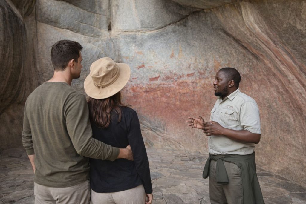 Guide explaining 13,000-year-old San rock art in a Matobo cave, UNESCO heritage site