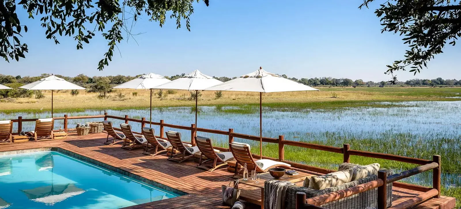 Okavango Delta — The pool deck, with the flood right there.